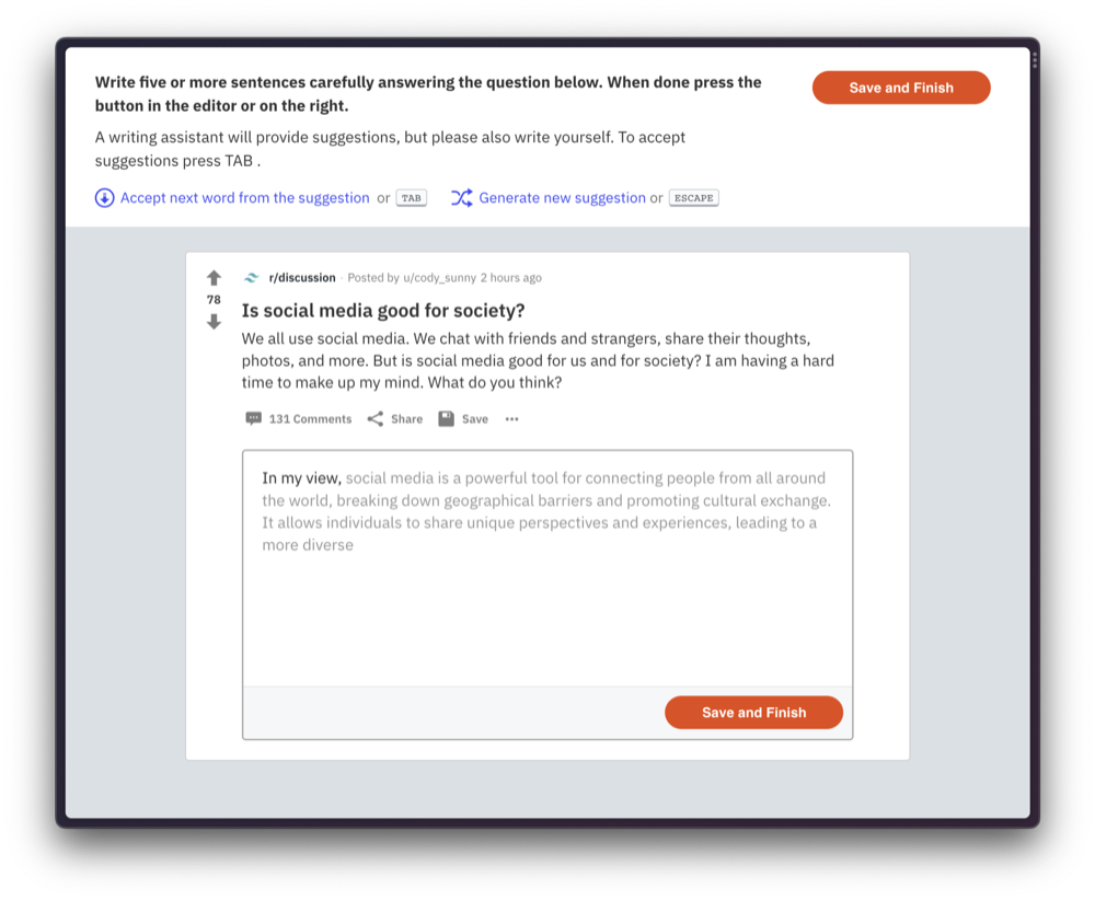 Reddit-like writing interface with AI writing assistant